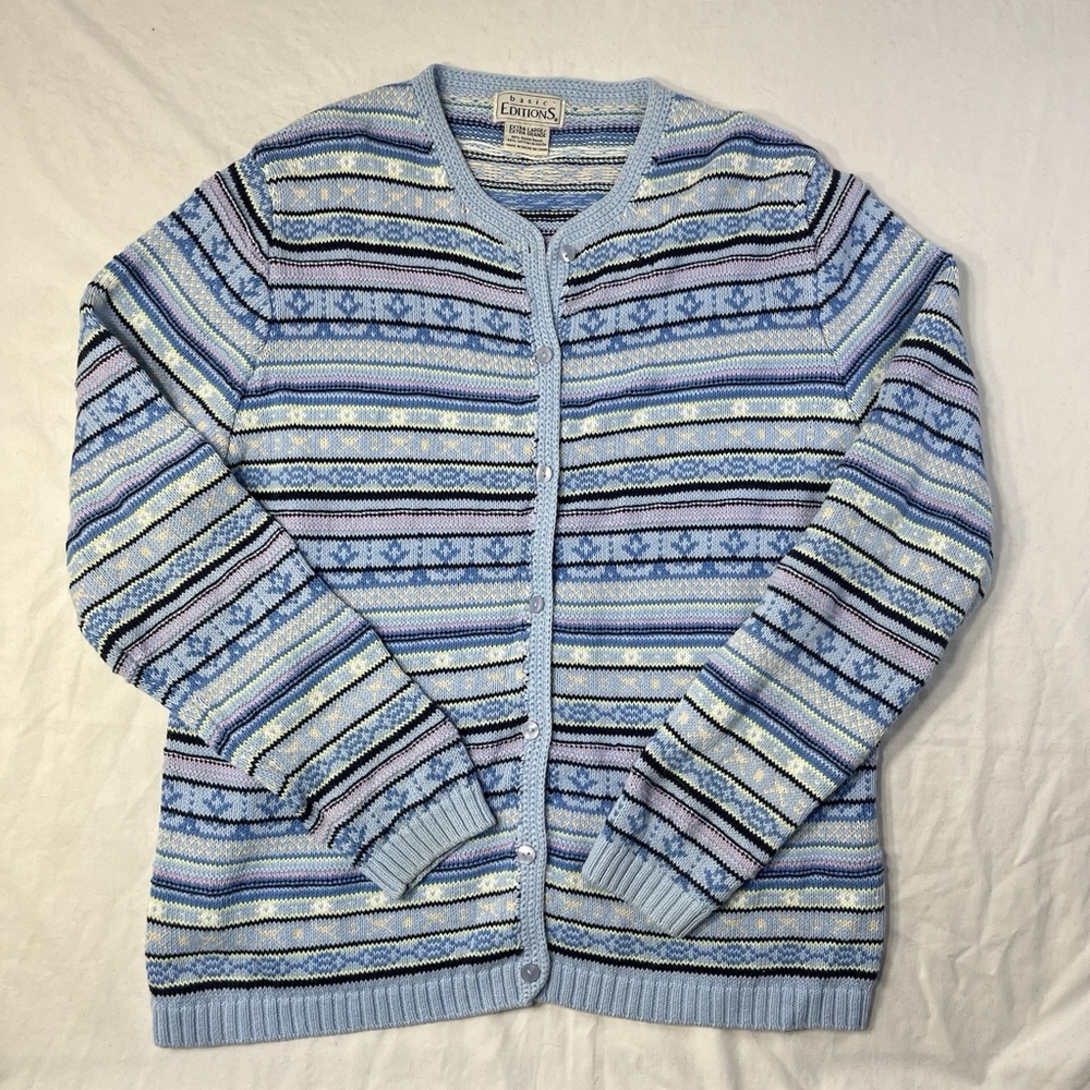 Vintage Fair Isle Cardigan Women’s XL Blue Cozy Ski Sweater Y2K Nordic Knit